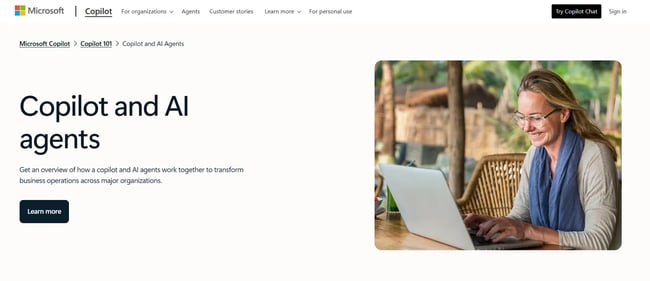 ai agents for small businesses screenshot of the website homepage of mircosoft 365 copilot and ai agents